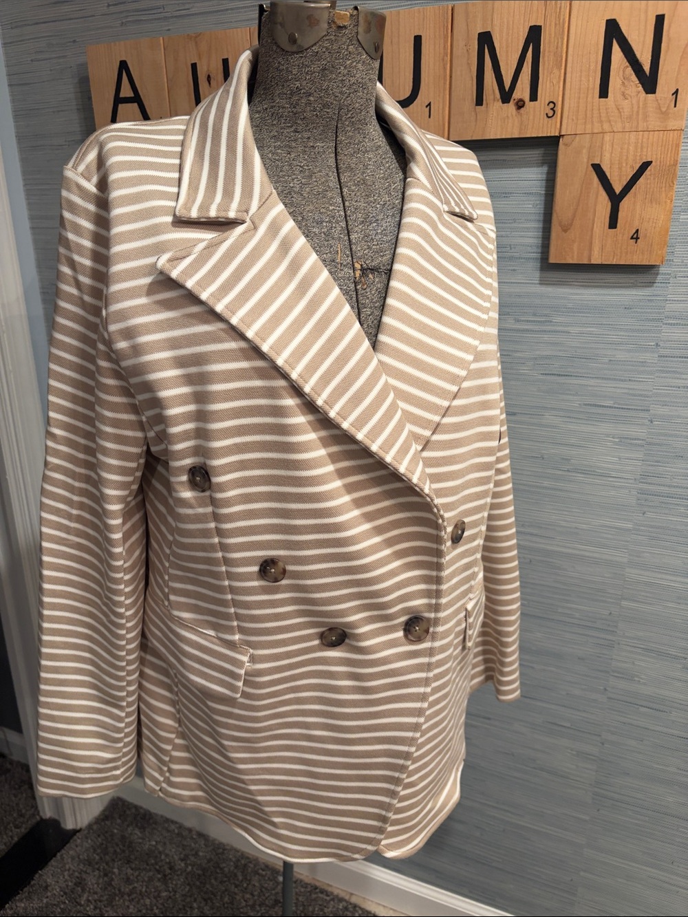Banana Republic Beige and White Striped Double-Breasted Blazer